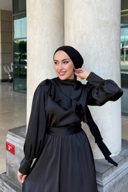 Resim Tesettür Diyarı Kadın Saten Kumaş Fırfır Detaylı Tesettür Abiye 