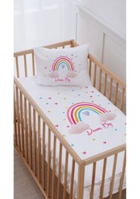 Resim %100 Pamuk Anne Yanı Beşik Nevresim Takımı 60x100 Kalpli Gökkuşağı 