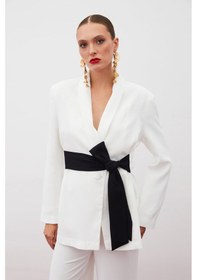 Resim Sateen Beli Kuşaklı Uzun Ceket - Ekru 