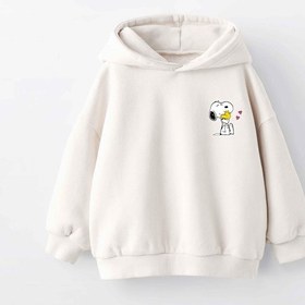 Resim Kız Çocuk Snoopy Baskılı Kapüşonlu Manşetli Sweatshirt Krem 
