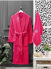 Resim 4 Parça Aile Bornoz Seti Kadın Erkek Havlulu Bornoz Takımı Fuşya (535719640) 