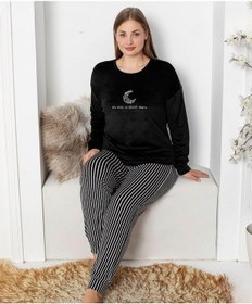 Resim Pijamoni Kadın Kadife Büyük Beden Bisiklet Yaka Uzun Kol Pijama Takımı 4230/5- 1 Adet Siyah 