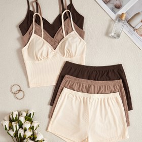 Resim 6 Parça Kadınlar İçin Tek Renk Rahat G-String Pijama Takımı 