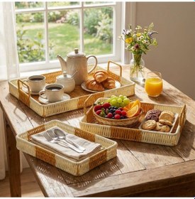 Resim Buffer İç İçe Geçebilen 3 Lü Dikdörtgen Plastik Rattan Tepsi Seti Çift Renkli Hasır Görünümlü Çok Amaçlı Servis Ve Sunu Kahverengi 