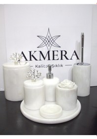 Resim Beyaz Mermer Gümüş Mercan Detaylı 7 Parça Banyo Seti Beyaz 