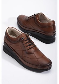 Resim Dilimler Ayakkabı Hakiki Deri Ortopedik Kadın Dolgu Topuklu Ayakkabı Taba Elastik Bağcıklı-3300 Taba 