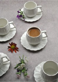 Resim 6'lı Porselen Türk Kahve Fincanı Beyaz- 12 Parça 