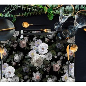 Resim Siyah Çiçek Kumaş Amerikan Servis 4'lü Set - 35x50cm Keten, Ulusl. Yıkama Ve Solmama Sertifikası Çok Renkli 