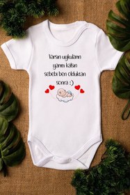 Resim Overoz Organik %100 Pamuk Uykuların Yarım Kalsın Baskılı Bebek Body Kısa Kollu Badi Çıtçıtlı Zıbın 5279 
