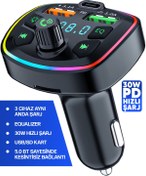 Resim Enkado 30w Pd Hızlı Şarj Bluetooth 5.0 Rgb Işıklı Led Ekran Tf Kart+ Usb Mp3 Araç Fm Transmitter Çakmaklık 