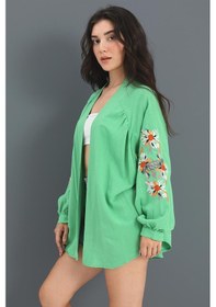 Resim Wpr Kimono Reglan Kol Nakışlı Keten - Yeşil-yeşil Yeşil 