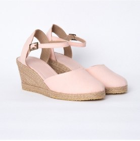 Resim Topuğu Açık Bilekten Bantlı Dolgu Topuk Pembe Keten Hasır Espadril ES1006-0427 Pembe 