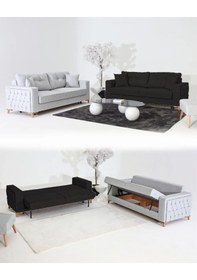 Resim Nola Koltuk Takımı 3+3 & Bazalı Yataklı Koltuk & Kanepe - Keten Gri-siyah 