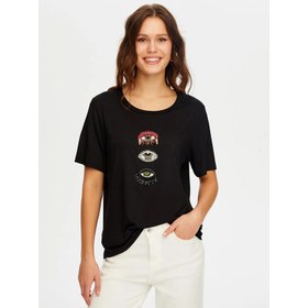 Resim Faik Sönmez Göz Patch Detaylı Yuvarlak Yaka Kadın T-Shirt W26TSH067 (UW26TSH067) 