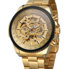 Resim Hanyang Altın T-Kazanan Dairesel Çivi Ölçeği Üç Halkalı Mekanik Saat Içi Boş Çelik Bant Mekanik Saat Altın Erkek Saati (Yurt Dışından) 