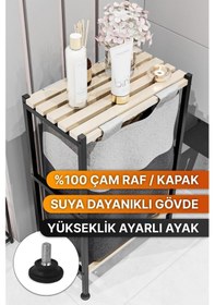 Resim Bino Ahşap Raflı Keten Kumaşlı Banyo Düzenleyici Çamaşır Sepeti Siyah 