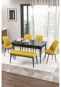 Resim Canisa Zen Serisi 80x132 Mdf Açılabilir Siyah Mermer Desen Masa Takımı 4 Hardal Sandalye Ve 1 Bench Masa Siyah Sandalyeler Hardal Sarısı 