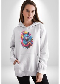 Resim Renkli Kurt Kadın Erkek Beyaz Kapüşonlu Sweatshirt Hoodie Beyaz 