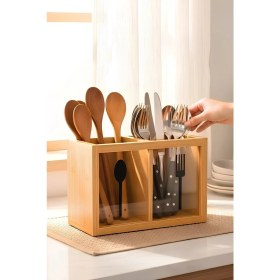 Resim PremiumPort Çift Bölmeli Bambu Kaşıklık, Pencereli, 18X9X13 Cm, Şık ve Kullanışlı 