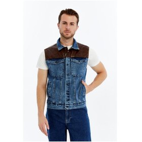 Resim Erkek Deri Birleşenli Kot Yelek Çıt Çıt Kapamalı Niş Tasarım Günlük Kullanım Kahverengi 