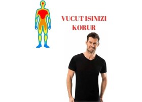 Resim Erkek Siyah Termal V Yaka Kısa Kol Atlet -20 Derece Tam Koruma 