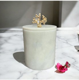 Resim Beyaz Mermer Çöp Kovası-kapaklı Kutu Gold Aksesuarlı Beyaz 