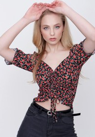 Resim Tena Kadın Desen-3 Gipeli Ön Büzgülü Crop Bluz 