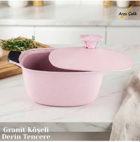 Resim 24 Cm Granit Köşeli Derin Tencere Alüminyum Kapak - Pembe Pembe 