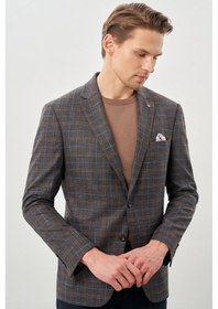 Resim İmza Füme Ekose Desen Bez Ayağı Mono Yaka Tam Astar Esnek 6 Drop Slim Fit Classic Ceket 1002245160 Füme 