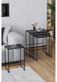 Resim Faymend Mimoza 4 Lü Zigon Sehpa, Metal Sehpa, Cam Sehpa ' Siyah - Füme' Siyah 