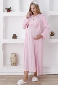 Resim Uzun Kollu Ve Önü Düğmeli Hamile Takımı / Gecelik Ve Sabahlıklı Takım - 2284 - Pembe / 2XL / Terlik ve Taç Seti İstiyorum + 200₺ 