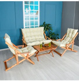 Resim Reyo Ahşap Katlanabilir Taşinir Puf Minderli Kollu Şezlong Plaj Bahçe Teras Balkon Sandalyesi Koltuğu Takimi 4 Lü Set Krem 