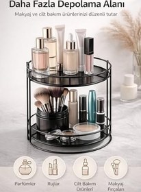 Resim 2 Katlı Makyaj Organizer - Metal Kozmetik Düzenleyici Stand | Banyo ve Makyaj Masası İçin Çok Amaçlı Organizer Raf | Takı, Parfüm ve Cilt Bakım Ürünleri İçin Siyah Organizer 