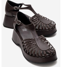 Resim Luvishoes Barry Kahverengi Örgü Detaylı Kadın Dolgu Topuklu Sandalet Kahverengi 