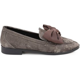 Resim Libero L085.k029 Hakiki Nubuk Kadın Loafer Babet - Büyük Fiyonk Detaylı, Metalik Eskitme Desenli Düz Füme 