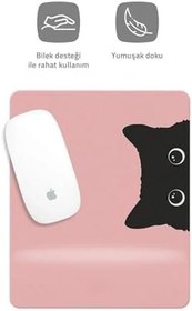 Resim HobiShop(105) Pembe Kedi Çizimli Bilek Destekli Dikdörtgen Mouse Pad Mouse Altlığı. Pembe 