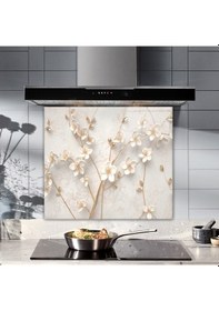 Resim Decorita Cam Ocak Arkası Koruyucu| Beyaz Çiçek-Gold | 52cm x 60cm 