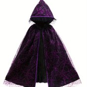 Resim Kızlar için 4-10 Yaş Arası Siyah Temel Kumaşlı, Karanlık Mor Örümcek Ağı Baskılı ve Yeşil Yarasa Baskılı Turuncu Yarasa Desenli Kapüşonlu Pelerin - Göğüs Ölçümü Mevcut 