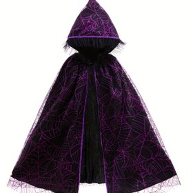 Resim Kızlar için 4-10 Yaş Arası Siyah Temel Kumaşlı, Karanlık Mor Örümcek Ağı Baskılı ve Yeşil Yarasa Baskılı Turuncu Yarasa Desenli Kapüşonlu Pelerin - Göğüs Ölçümü Mevcut 