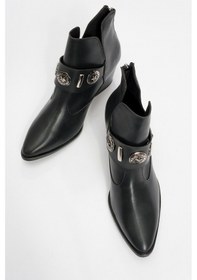 Resim Luvishoes Luvi Shoes Kenda Siyah Cilt Arkadan Fermuarlı Tokalı Kadın Kalın Topuklu Bot Sıyah Cılt 
