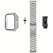 Resim Gaojunshop01 Şeffaf Gümüş 44mm Çelik Kayışlı Uta Kasa İwatch Korumalı Saat Seti 