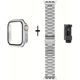 Resim Gaojunshop01 Şeffaf Gümüş 44mm Çelik Kayışlı Uta Kasa İwatch Korumalı Saat Seti 