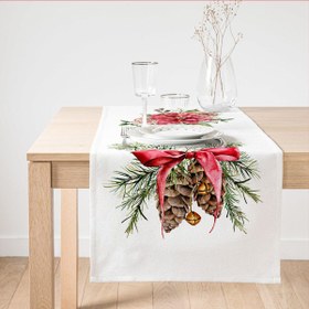 Resim Özel Tasarım Kurdeleli Kozalak Motifli Dijital Baskılı Dekoratif Süet Runner 