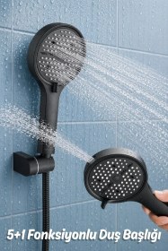 Resim 5+1 Fonksiyonlu Siyah Duş Başlığı Yüksek Basınçlı Tasarruflu El Duşu Tabanca Fonksiyonlu 
