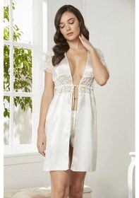 Resim Pierre Cardin Saten Dantelli Midi Sabahlık 1020 Ekru Çok Renkli 