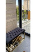 Resim Kapitoneli Kapı Önü Metal Puf Bench Ayakkabılık Mavi 