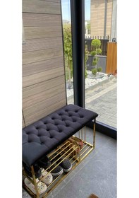 Resim Kapitoneli Kapı Önü Metal Puf Bench Ayakkabılık Mavi 