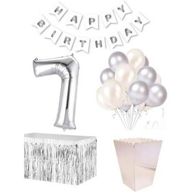 Resim 7 Yaş Beyaz Gümüş Balon Rakam Folyo Banner Mısır Kutusu Masa Et 