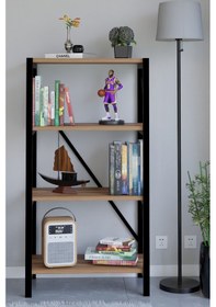 Resim Steel Design 4 Katlı Metal Çerçeveli Kitaplık, Dekoratif Raf Ünitesi, Modern Salon Ve Ofis Rafı Ceviz 