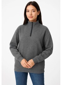 Resim Kadın Üç İplik Dık Yaka Yarım Fermuarlı Sweatshirt - Antrasit Çok Renkli 